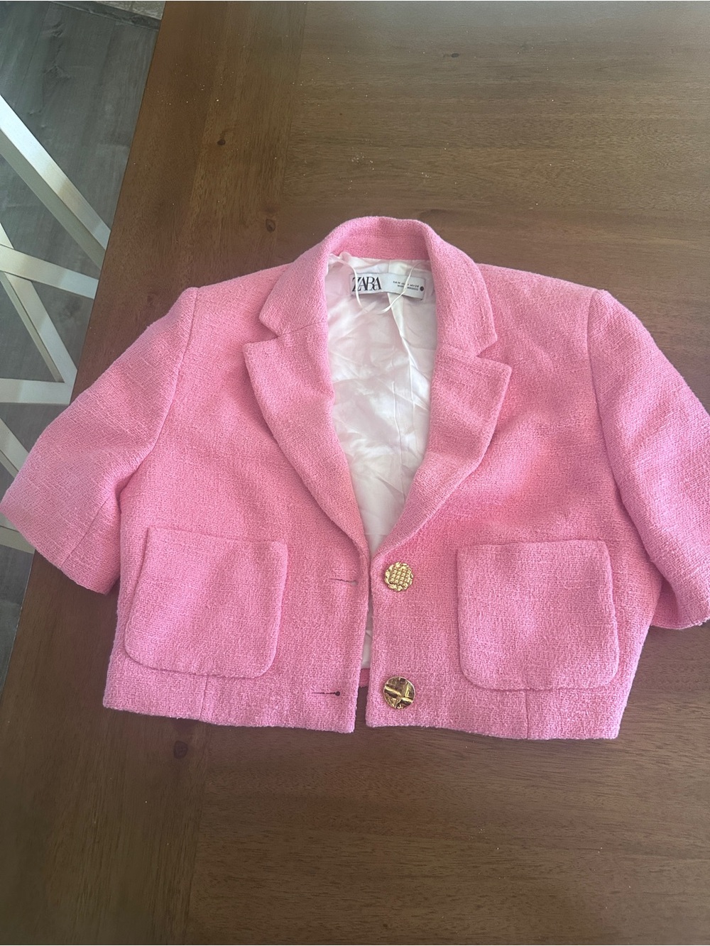 Zara Girls Pink Tweed Short Sleeve Blazer with Gold Buttons